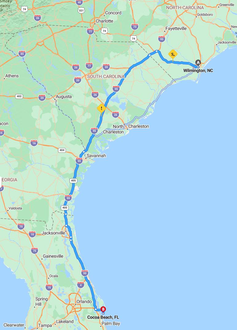 driving from Wilmington, North Carolina to Cocoa BeachFlorida - map and route
