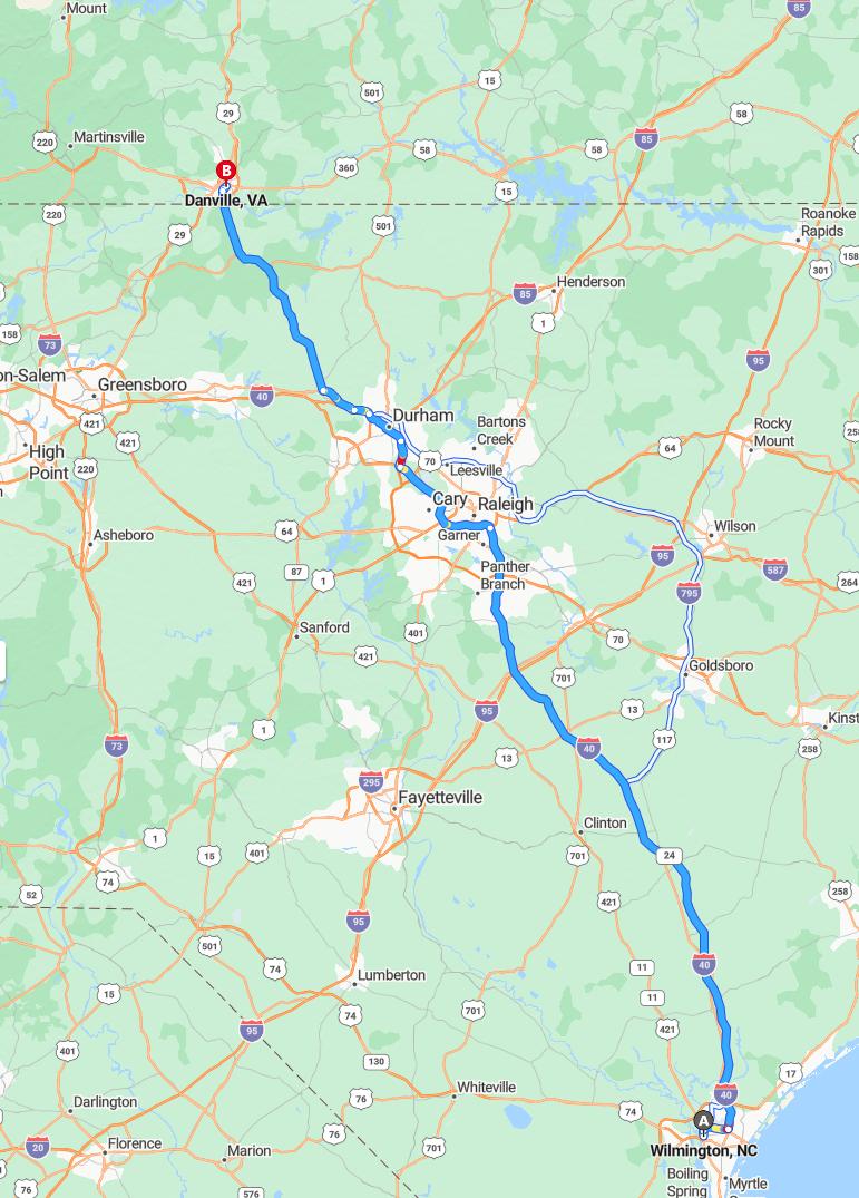 driving from Wilmington, North Carolina to DanvilleVirginia - map and route