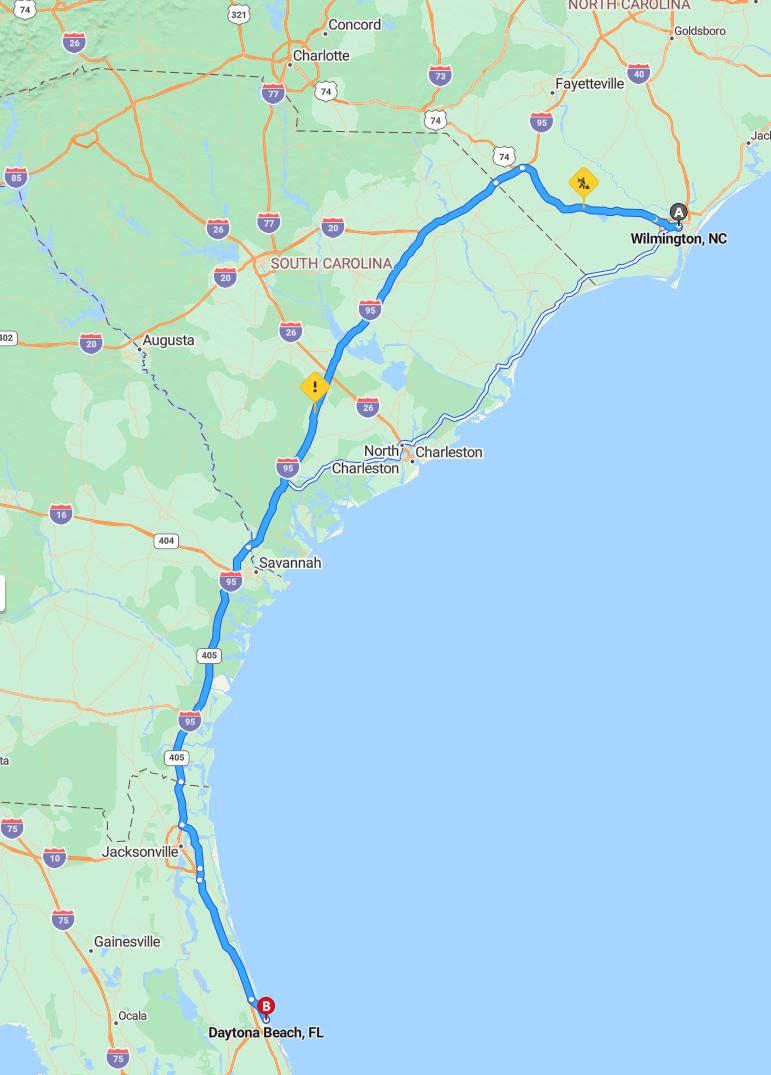 driving from Wilmington, North Carolina to Daytona BeachFlorida - map and route
