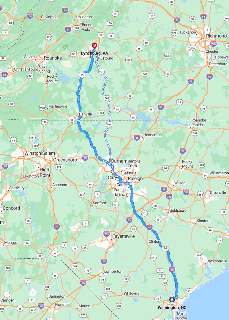 driving from Wilmington, North Carolina to LynchburgVirginia - map and route
