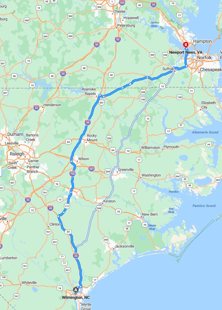 driving from Wilmington, North Carolina to Newport NewsVirginia - map and route
