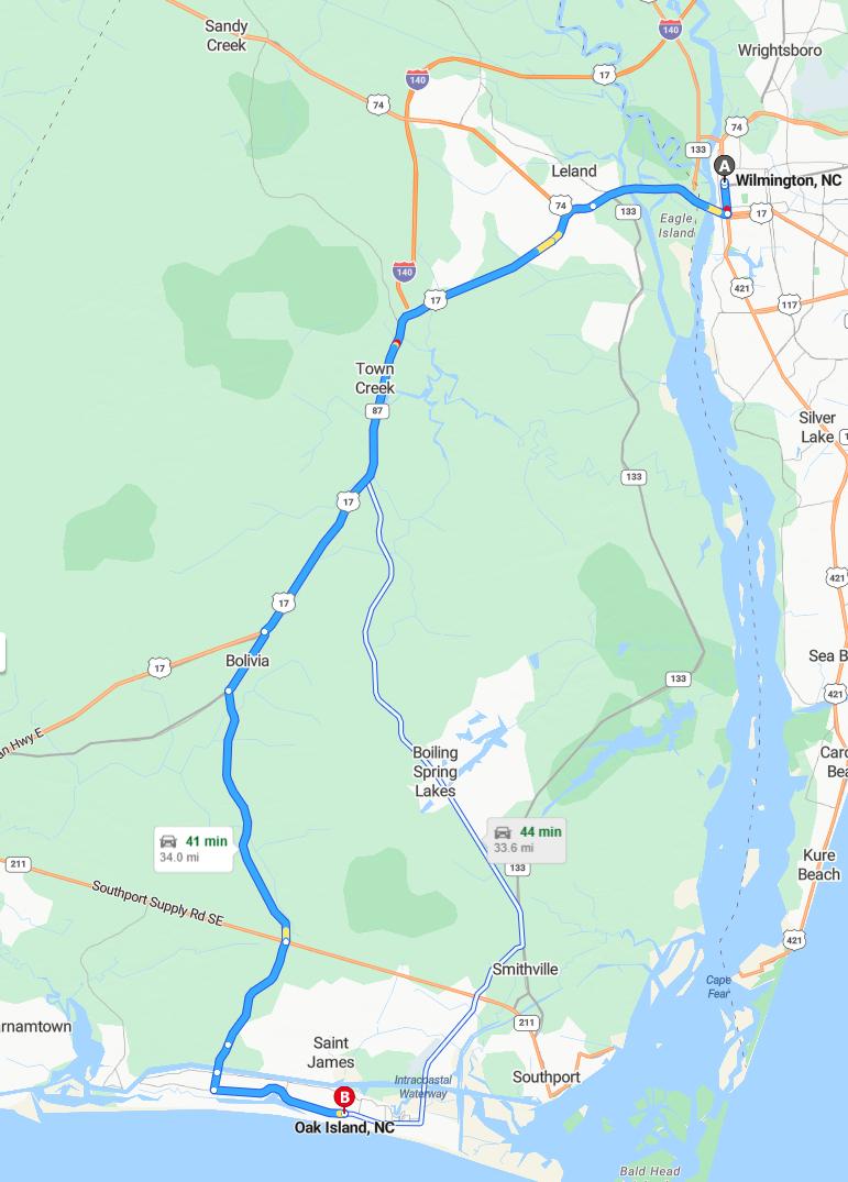 driving from Wilmington, North Carolina to Oak IslandNorth Carolina - map and route