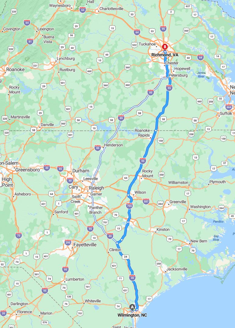 driving from Wilmington, North Carolina to RichmondVirginia - map and route