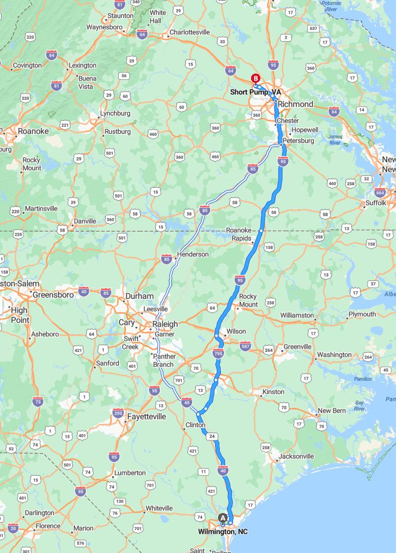driving from Wilmington, North Carolina to Short PumpVirginia - map and route