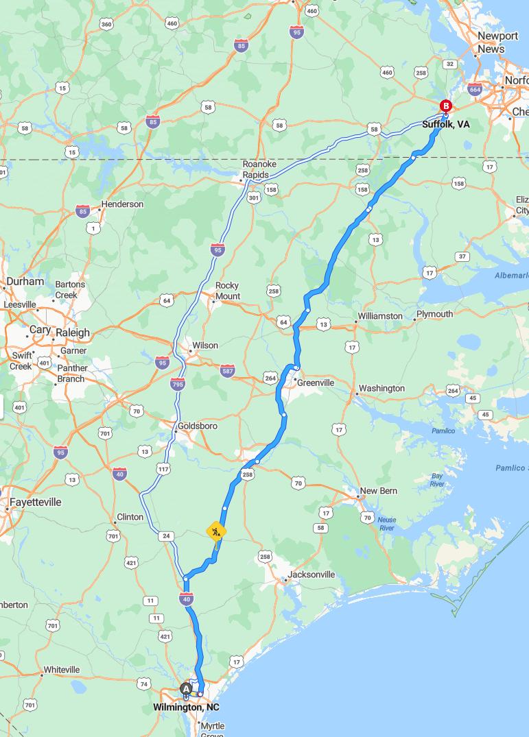 driving from Wilmington, North Carolina to SuffolkVirginia - map and route
