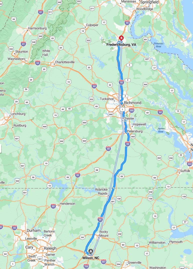 driving from Wilson, North Carolina to FredericksburgVirginia - map and route