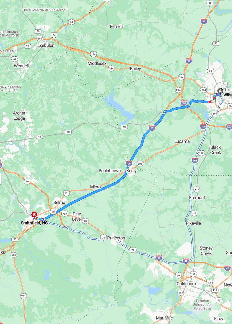 driving from Wilson, North Carolina to SmithfieldNorth Carolina - map and route