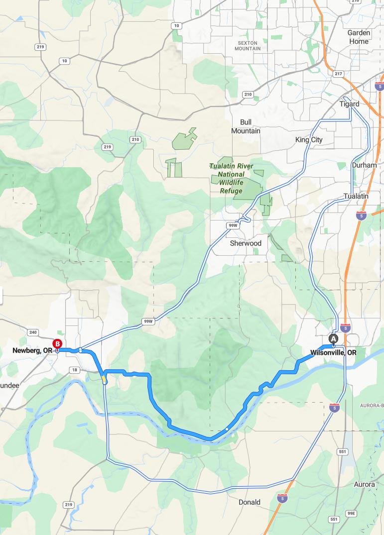 driving from Wilsonville, Oregon to NewbergOregon - map and route