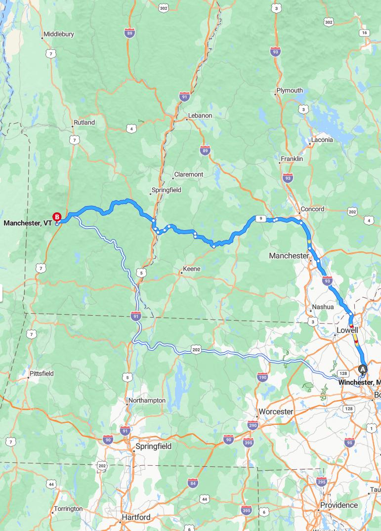 driving from Winchester, Massachusetts to ManchesterVermont - map and route