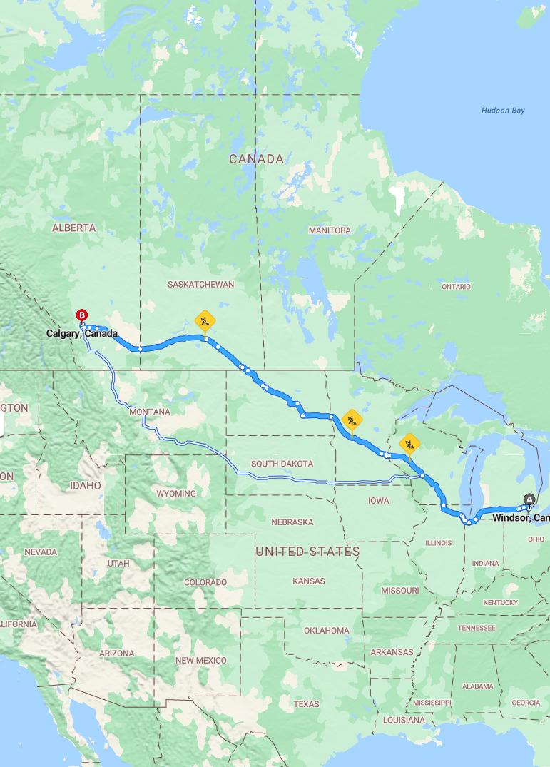 driving from Windsor, Ontario to CalgaryAlberta - map and route