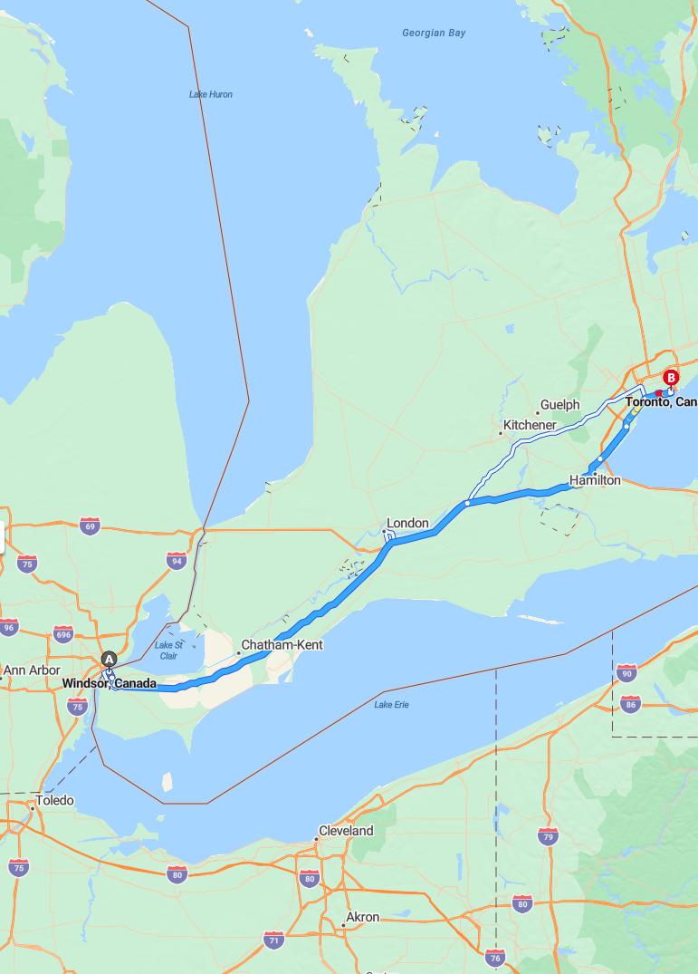 driving from Windsor, Ontario to TorontoOntario - map and route