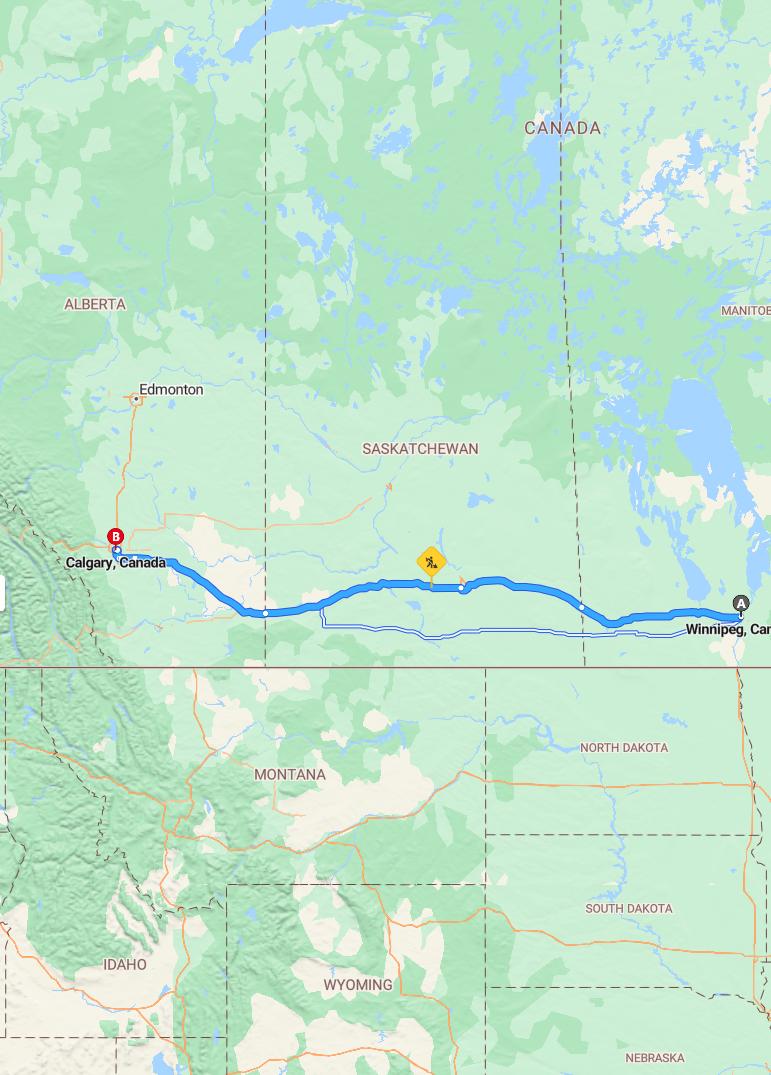 driving from Winnipeg, Manitoba to CalgaryAlberta - map and route