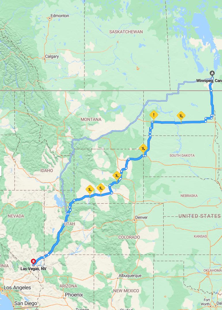driving from Winnipeg, Manitoba to Las VegasNevada - map and route