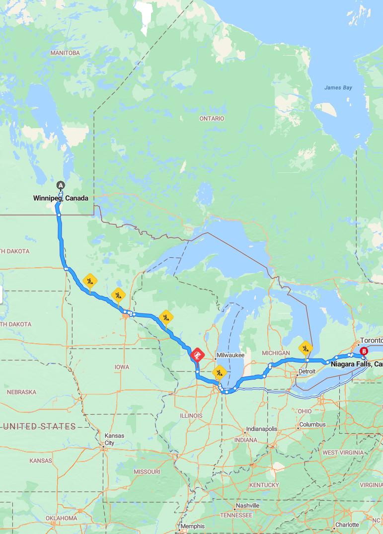 driving from Winnipeg, Manitoba to Niagara FallsOntario - map and route