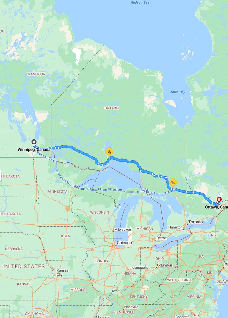driving from Winnipeg, Manitoba to OttawaOntario - map and route