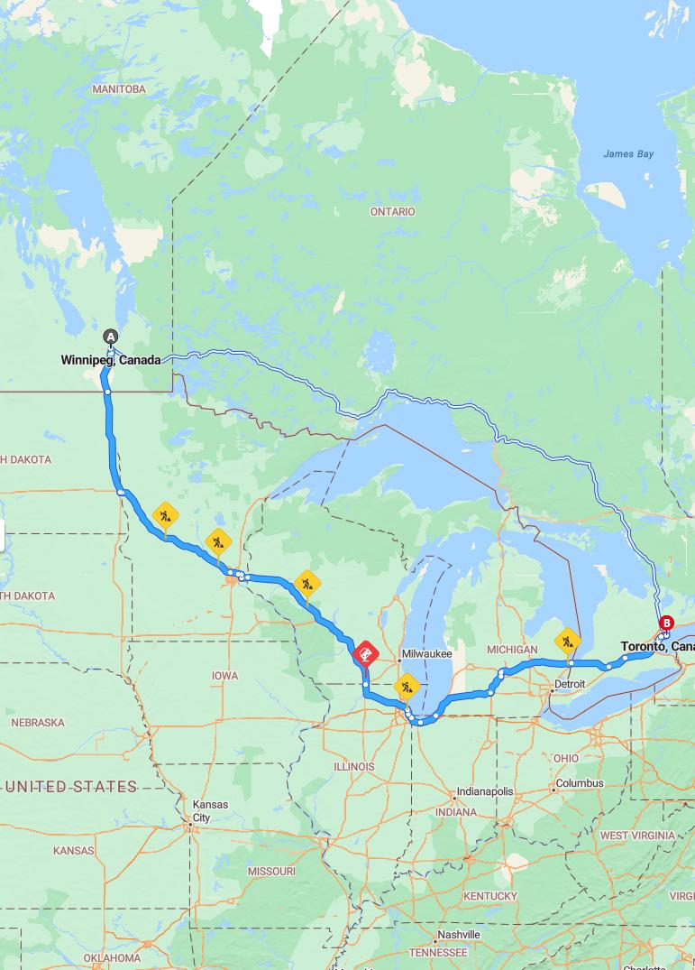 driving from Winnipeg, Manitoba to TorontoOntario - map and route