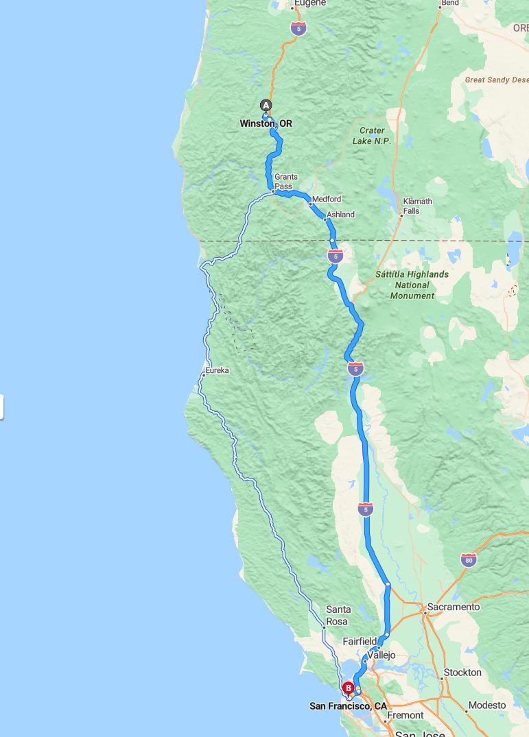 driving from Winston, Oregon to San FranciscoCalifornia - map and route