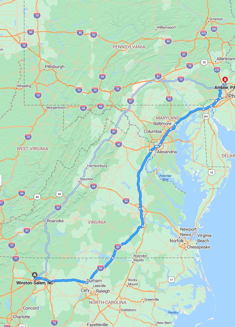 driving from Winston-Salem, North Carolina to AmblerPennsylvania - map and route