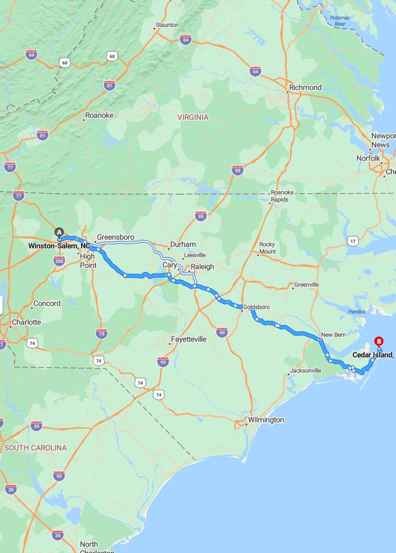 driving from Winston Salem, North Carolina to Cedar IslandNorth Carolina - map and route
