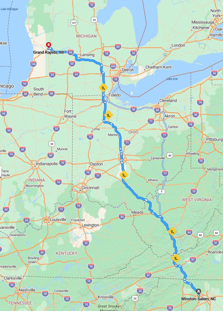 driving from Winston Salem, North Carolina to Grand RapidsMichigan - map and route