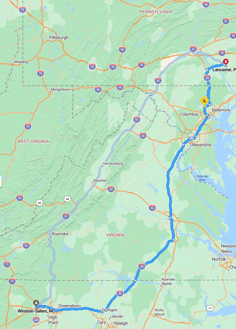 driving from Winston Salem, North Carolina to LancasterPennsylvania - map and route