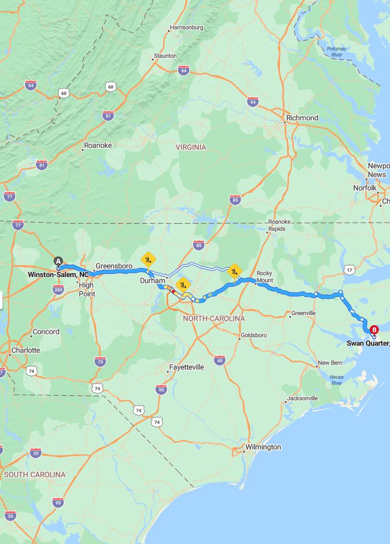 driving from Winston-Salem, North Carolina to Swan QuarterNorth Carolina - map and route