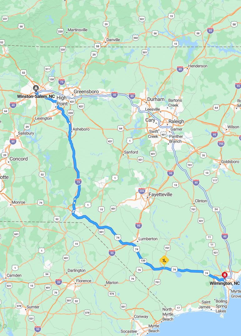 driving from Winston Salem, North Carolina to WilmingtonNorth Carolina - map and route