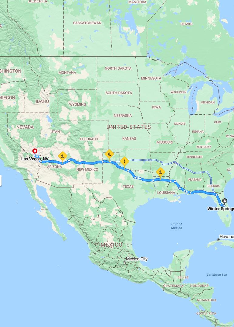 driving from Winter Springs, Florida to Las VegasNevada - map and route