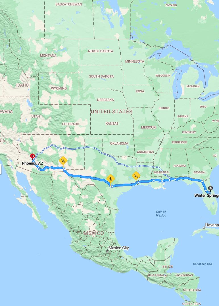 driving from Winter Springs, Florida to PhoenixArizona - map and route
