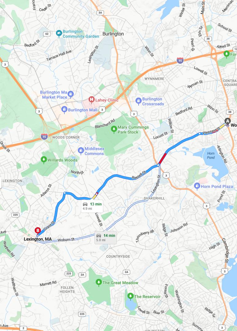 driving from Woburn, Massachusetts to LexingtonMassachusetts - map and route