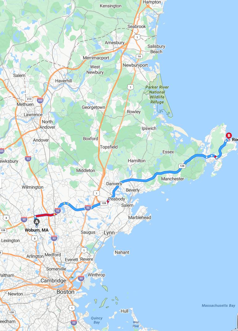 driving from Woburn, Massachusetts to RockportMassachusetts - map and route