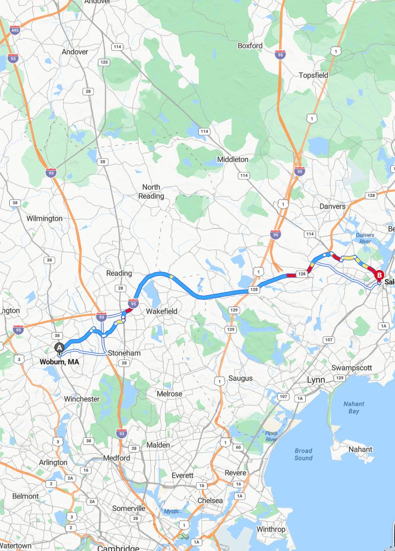 driving from Woburn, Massachusetts to SalemMassachusetts - map and route
