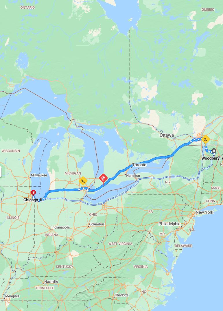 driving from Woodbury, Vermont to ChicagoIllinois - map and route