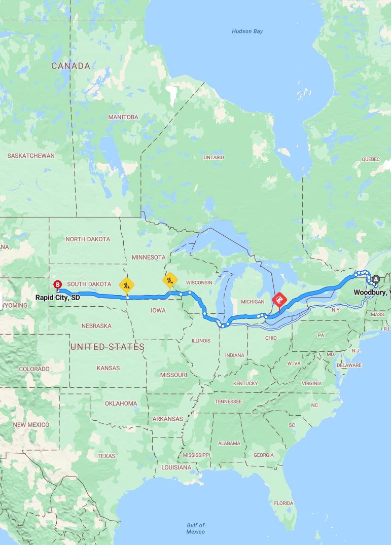 driving from Woodbury, Vermont to Rapid CitySouth Dakota - map and route