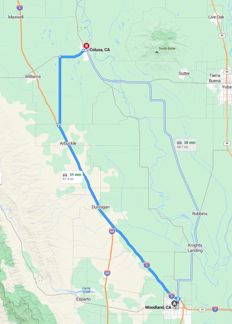 driving from Woodland, California to ColusaCalifornia - map and route