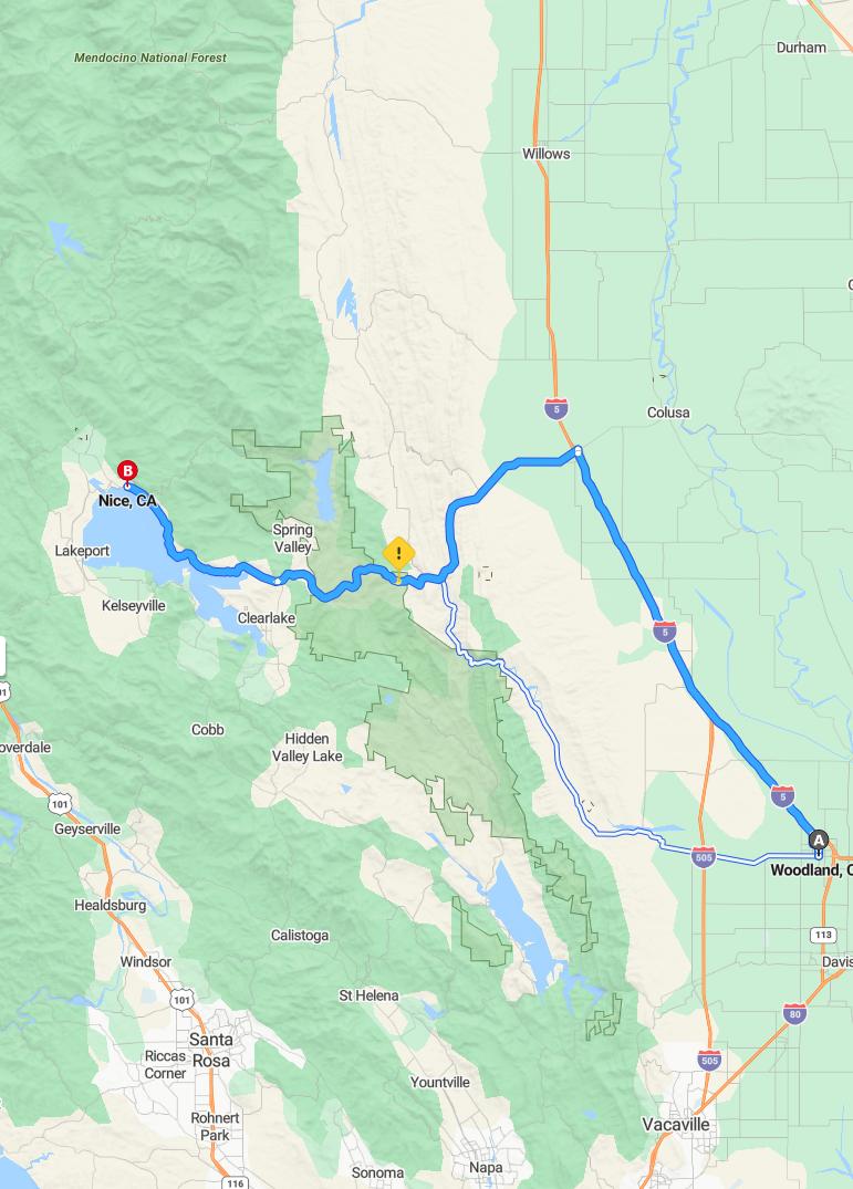 driving from Woodland, California to NiceCalifornia - map and route