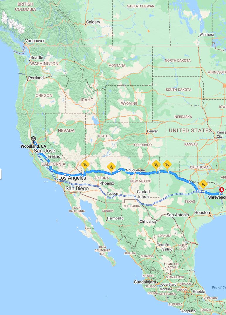 driving from Woodland, California to ShreveportLouisiana - map and route