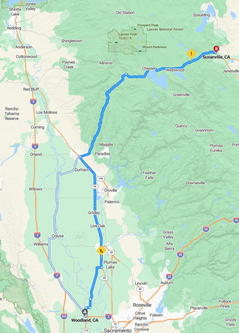 driving from Woodland, California to SusanvilleCalifornia - map and route