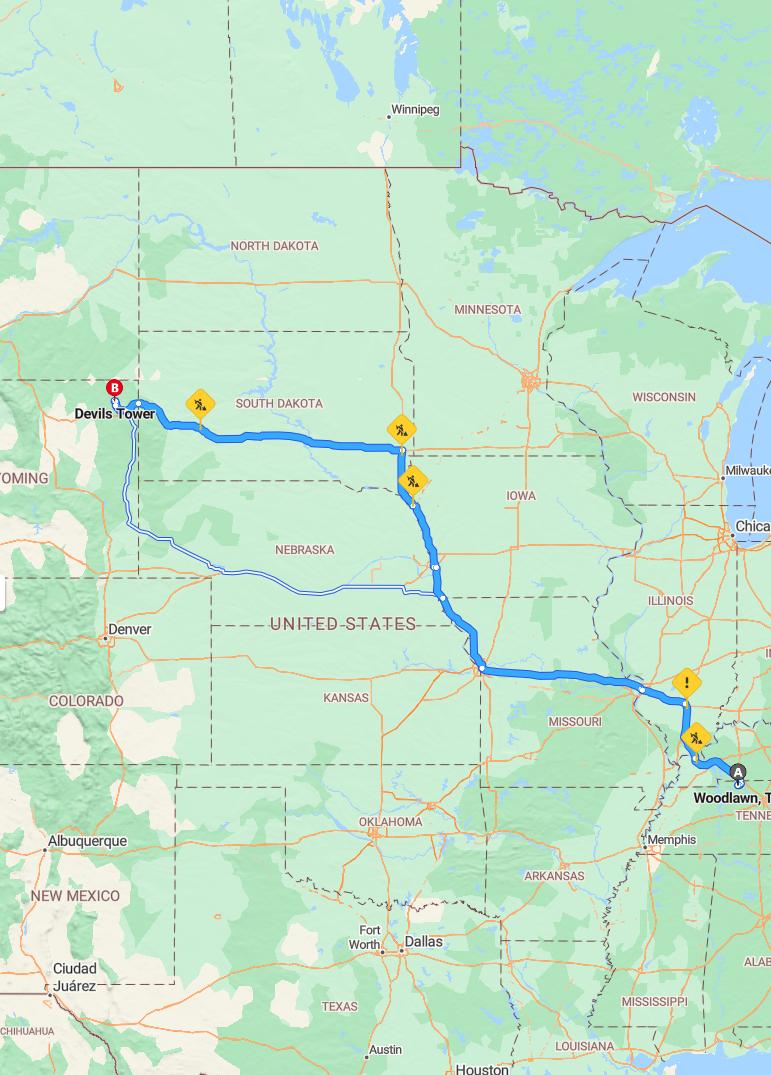 driving from Woodlawn, Tennessee to Devils TowerWyoming - map and route