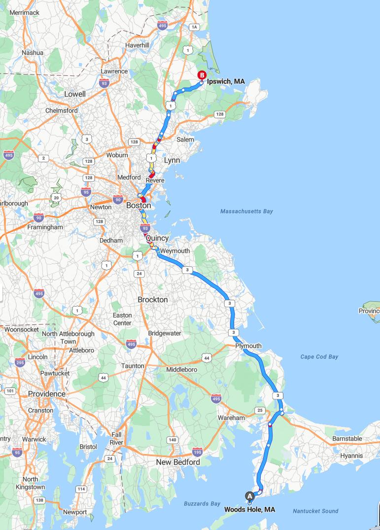 driving from Woods Hole, Massachusetts to IpswichMassachusetts - map and route