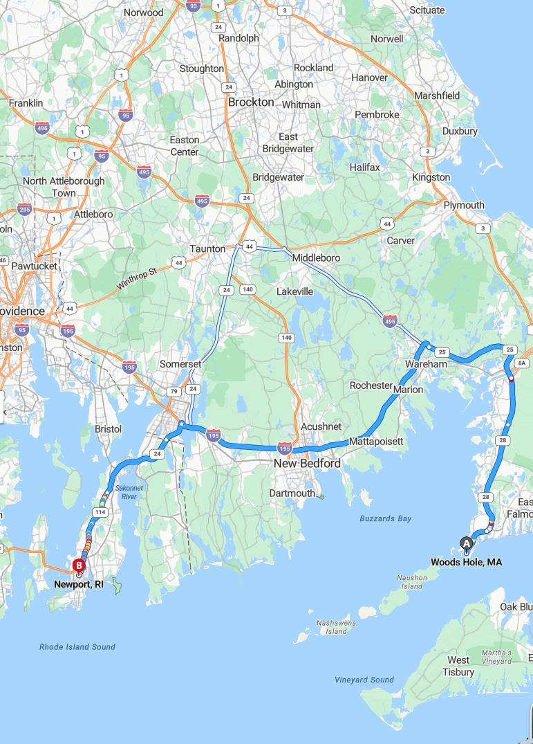 driving from Woods Hole, Massachusetts to NewportRhode Island - map and route