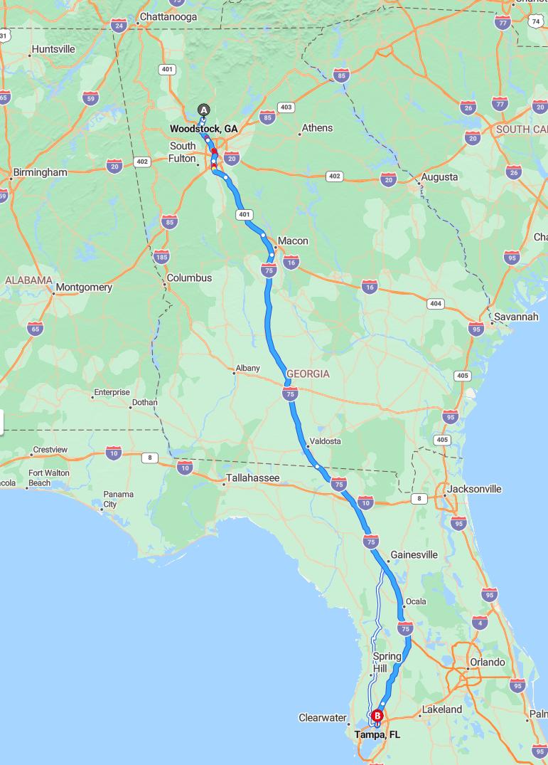 driving from Woodstock, Georgia to TampaFlorida - map and route