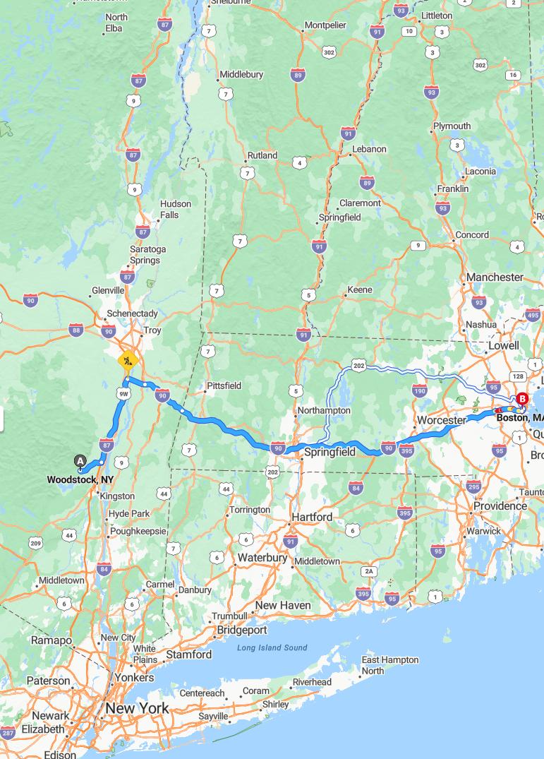 driving from Woodstock, New York to BostonMassachusetts - map and route