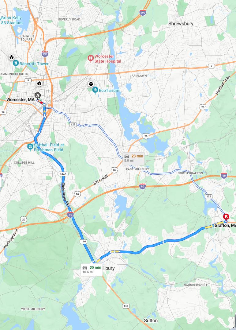 driving from Worcester, Massachusetts to GraftonMassachusetts - map and route