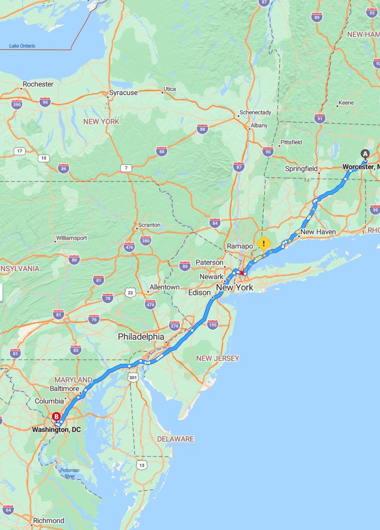 driving from Worcester, Massachusetts to WashingtonDistrict of Columbia - map and route