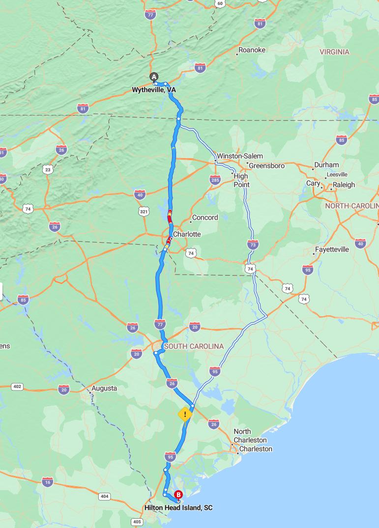 driving from Wytheville, Virginia to Hilton HeadSouth Carolina - map and route