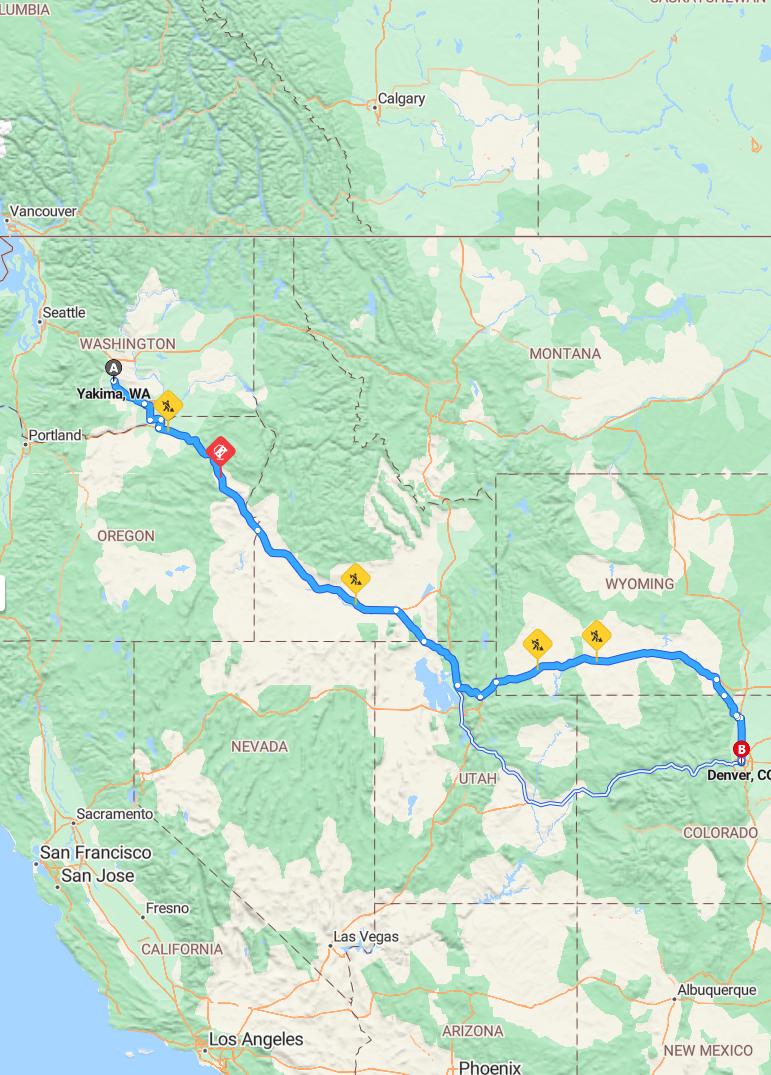 driving from Yakima, Washington to DenverColorado - map and route
