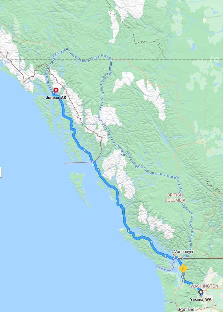 driving from Yakima, Washington to JuneauAlaska - map and route