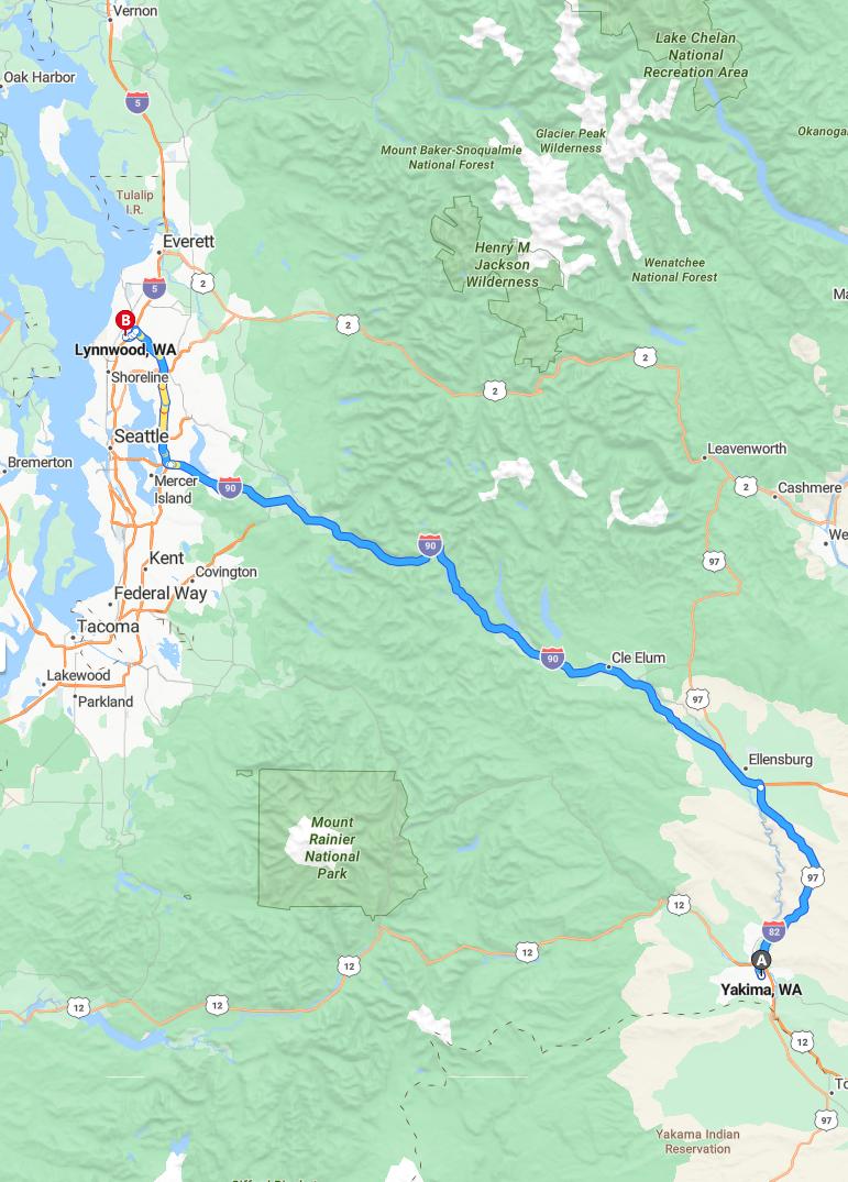 driving from Yakima, Washington to LynnwoodWashington - map and route