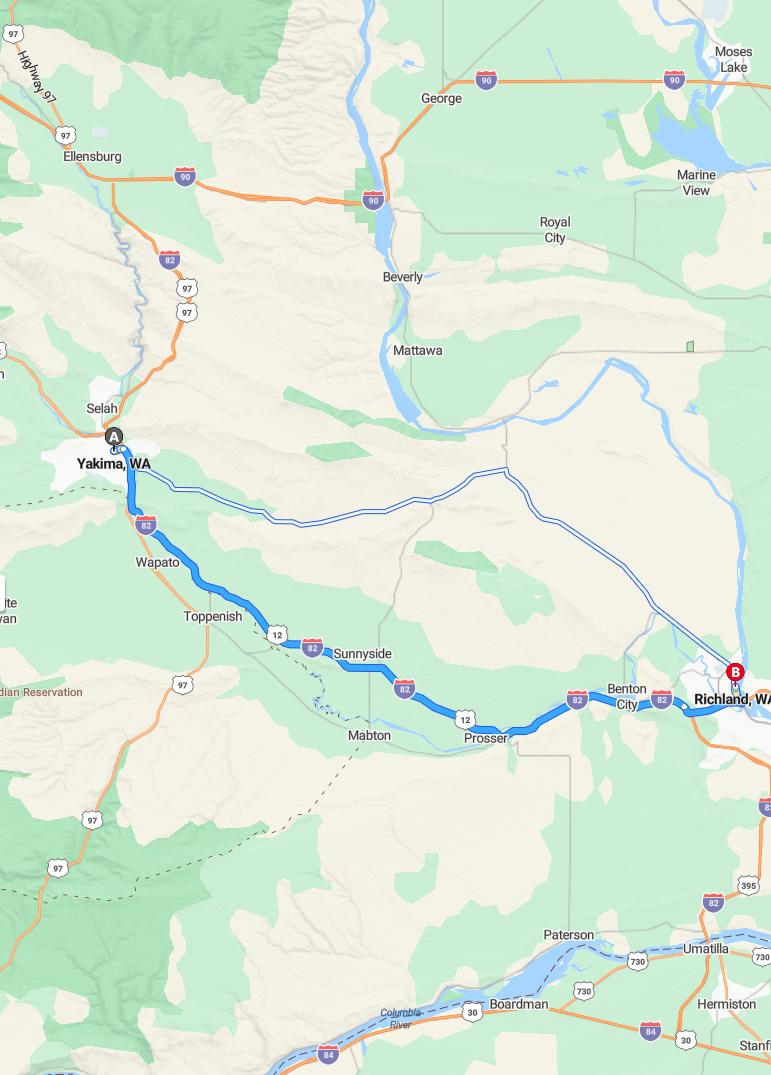 driving from Yakima, Washington to RichlandWashington - map and route